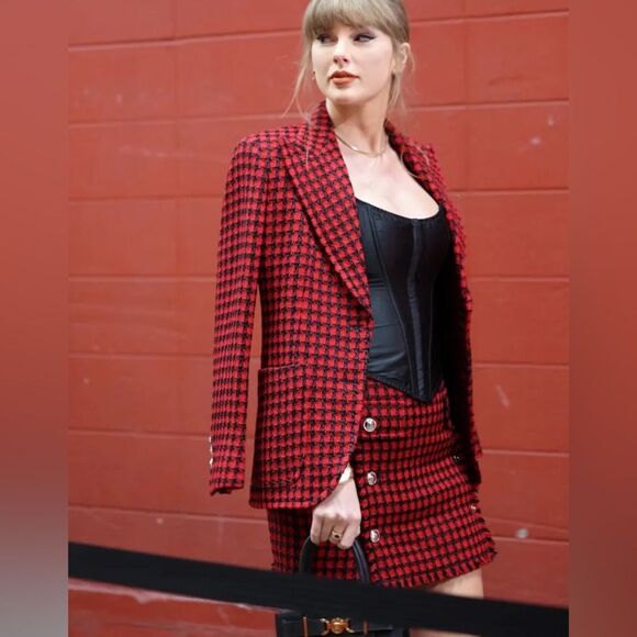 90s Vintage Tweed Jacket Wool Plaid Houndstooth Red 16P Clueless Preppy Academia - Picture 10 of 11